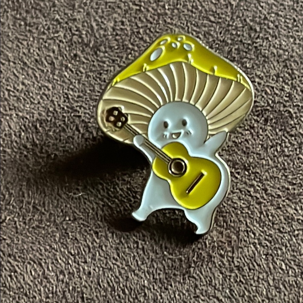 Cute Mushroom Character Enameled Pin with Guitar Yellow White Gold Tone